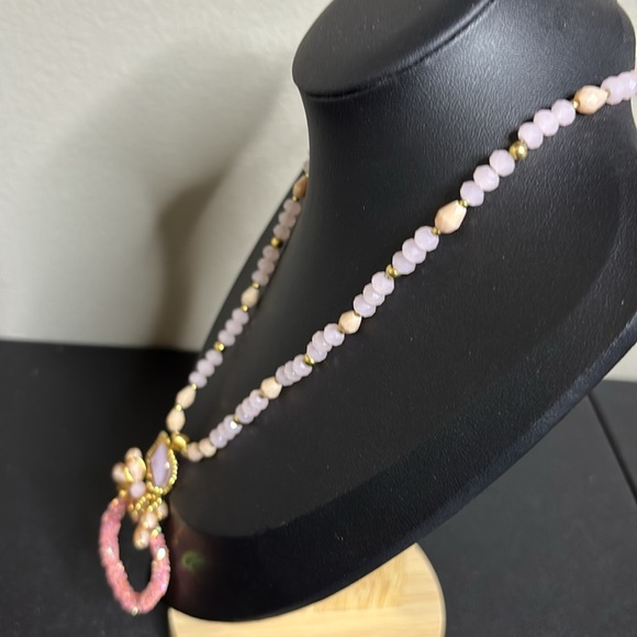 Rose Quartz Wire Beaded Pendant Feminine Girly Grandma Core Necklace - Picture 4 of 10